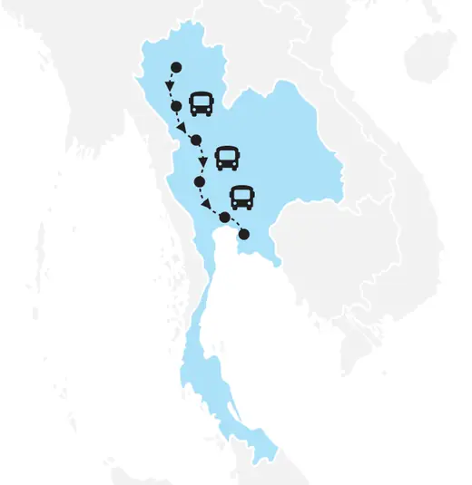 Mapa de Tailandia con la ruta Chiang Mai, Sukhothai, Ayutthaya, Bangkok y Pattaya