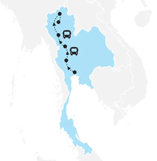 Mapa de Tailandia con la ruta Bangkok, Ayutthaya, Sukhothai, Lampang, Chiang Rai y Chiang Mai